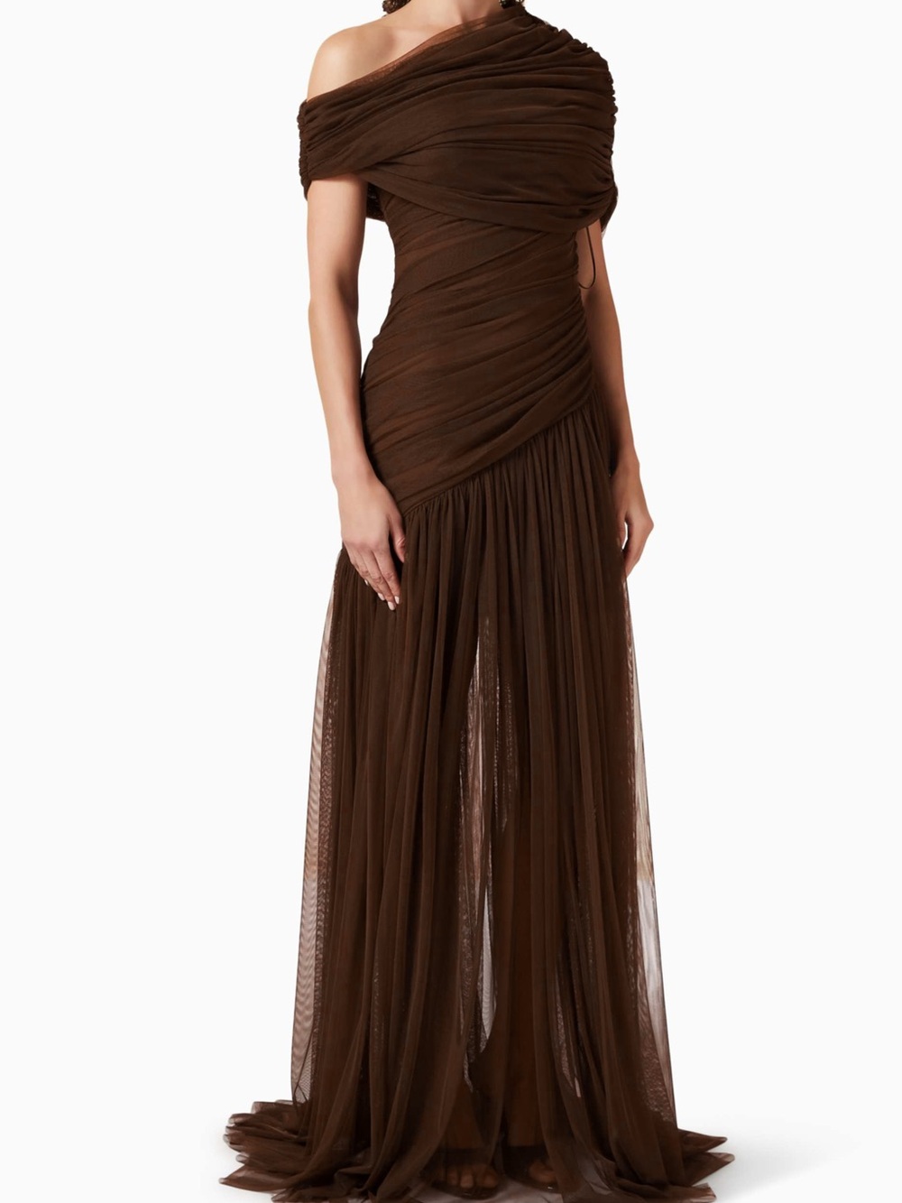 Draped One-Shoulder Brown Maxi Gown